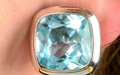 A pair of blue topaz earrings.Stamped 750. Length 1.6cms. 10.8gms.