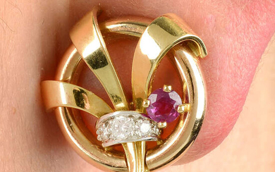 A pair of brilliant-cut diamond and ruby bi-colour earrings.