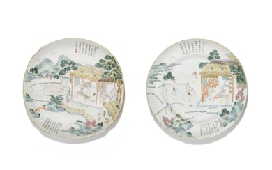 A pair of famille rose 'Gengzhi tu' dishes, Iron-red seal marks and period of Daoguang | 清道光 粉彩耕織圖詩文盤一對 《大清道光年製》款, A pair of famille rose 'Gengzhi tu' dishes, Iron-red seal marks and period of Daoguang | 清道光 粉彩耕織圖詩文盤一對 《大清道光年製》款