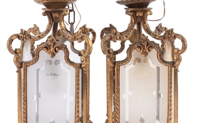 A pair of gilt metal and glazed ceiling lanterns in 18th cen...