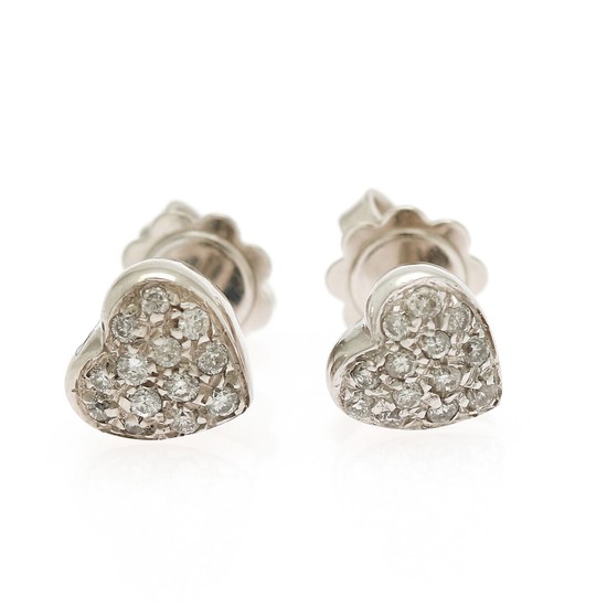 A pair of heart shaped diamond ear studs each set with numerous brilliant-cut diamonds, mounted in 18k white gold. L. app. 8 mm. (2)