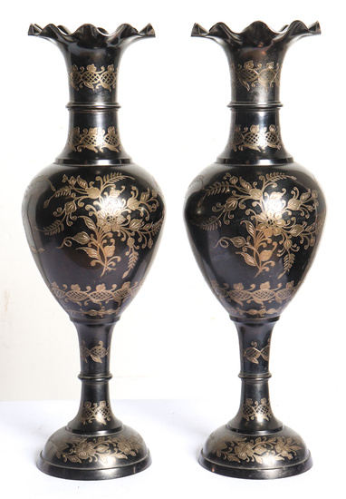 A pair of large Indian patinated brass vases, each with...