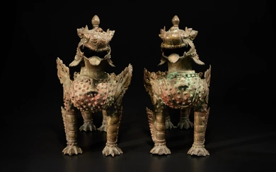 A pair of large bronze figures of lions, Nepal, 18th century