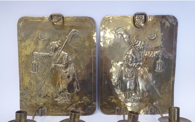 A pair of late 19th/early 20thC brass girandoles, the rectan...