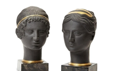 A pair of modern Italian black glazed busts, by Porcellane D’Arte Agostinelli, after the antique, each with gilt head band, the undersides with maker's stamp, 17cm high (2)