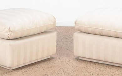 A pair of ottomans with loose cushions and striped fabric. Ht: 21.75" Wd: 29" Dpth: 29"