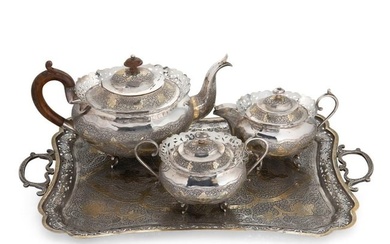 A (probably) late 19th century Islamic parcel gilt 3-piece tea set with tray