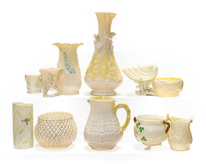A quantity of Belleek china, including black marked examples...