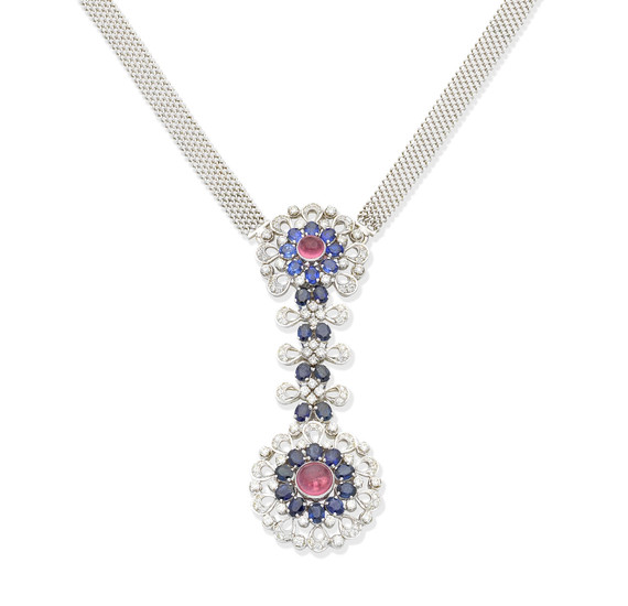 A sapphire, diamond and pink paste pendant necklace