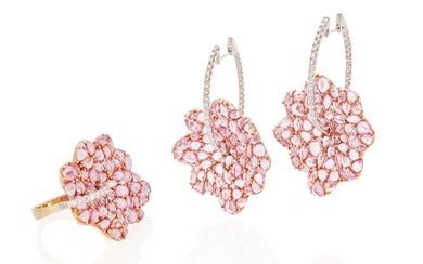 A set of pink sapphire and diamond foliate jewelry