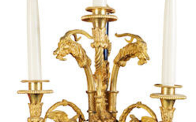 A set of six French late 19th century gilt bronze three branch wall lights