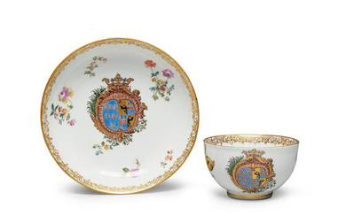 A very rare Meissen armorial teacup and saucer, circa 1730-35