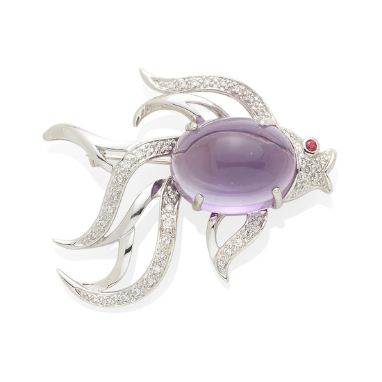 A white gold, amethyst, and diamond fish brooch