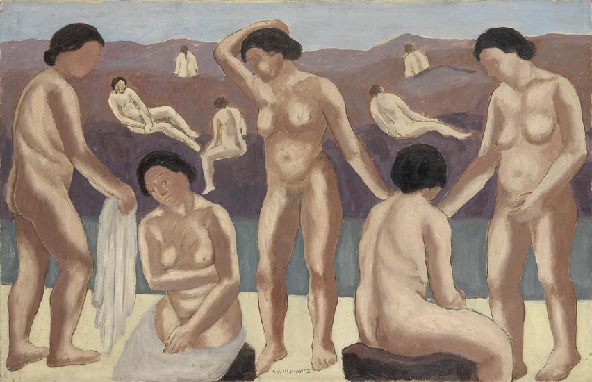 ABRAHAM WALKOWITZ Bathers. Oil on canvas, circa 1930. 655x1015 mm; 25 3/4x40 inches....