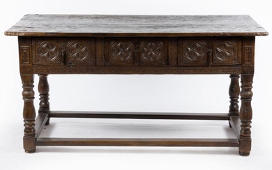 AN 18TH CENTURY SPANISH OAK SIDE TABLE WITH THREE DRAWERS AND STRETCHER BASE, 86CM H X 170CM L X 84CM D