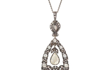 AN ANTIQUE DIAMOND PENDANT NECKLACE the pear shaped pendant set throughout with rose cut diamonds
