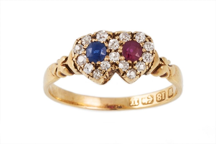 AN ANTIQUE SAPPHIRE, RUBY AND DIAMOND DOUBLE HEART RING, clu...