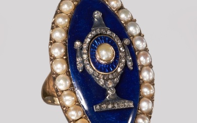 ANTIQUE PEARL DIAMOND AND ENAMEL RING, High carat gold. The ...