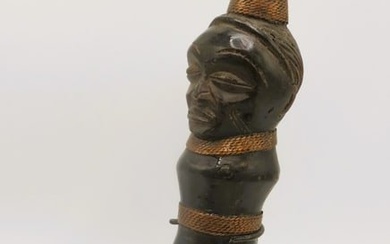 African Art Carved Wood Sculpture Large Pipe Shape H: 14"
