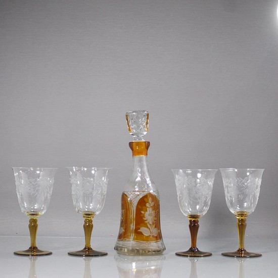 Amber Bohemian Cut Glass Decanter & 4 Etched Glasses
