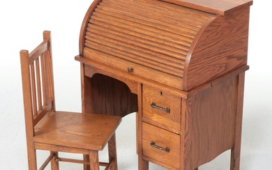 American Oak Child's Roll-Top Desk and Side Chair, Early 20th Century