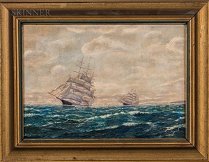 American School, 20th Century Two Paintings of Sailing Ships. One initialed "J.E." l.r. Oil on canvas and oil on canvas...