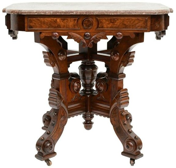 American Victorian Walnut Table with Marble Top