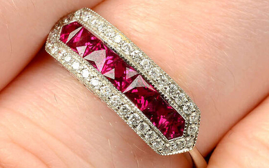 An 18ct gold French-cut ruby ring, with brilliant-cut diamond surround.