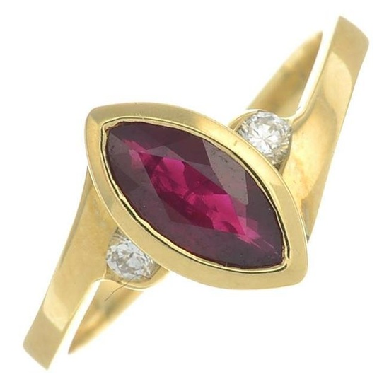 An 18ct gold marquise-shape ruby and brilliant-cut