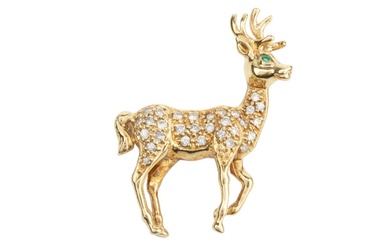An 18ct yellow gold and diamond stag brooch, the body...