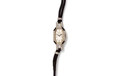 An Art Deco 18 Karat White Gold, Diamond and Enamel Wristwatch, E. Gubelin