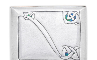 An Arts and Crafts silver and enamelled 'Cymric' cigarette case...
