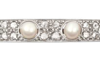 An Edwardian Pearl and Diamond Brooch the tapering bar set...