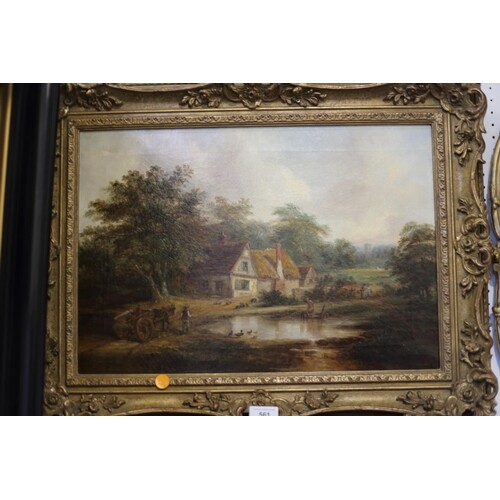 An English 19th century oil on canvas, landscape with cottag...