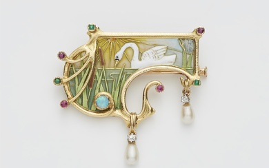 An French 18k gold enamel plique-à-jour coloured gemstone pearl and diamond Art Nouveau brooch.