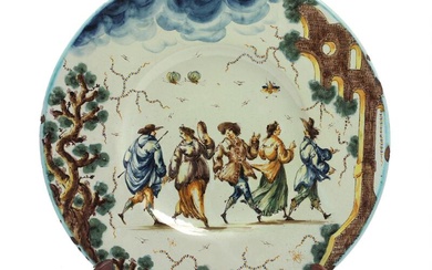 An Italian Savona majolica platter, decorated in colous with a company of...