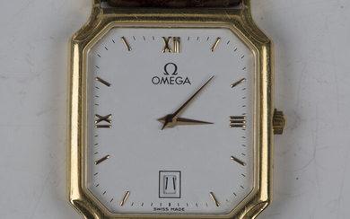 An Omega de Ville 18ct gold cased wristwatch with Quartz movement, the white enamelled dial with cal