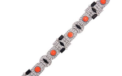 An Onyx, Coral, Diamond and Gold Bracelet