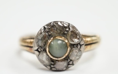 An early 20th century 18ct, cat's eye chrysoberyl and rose c...