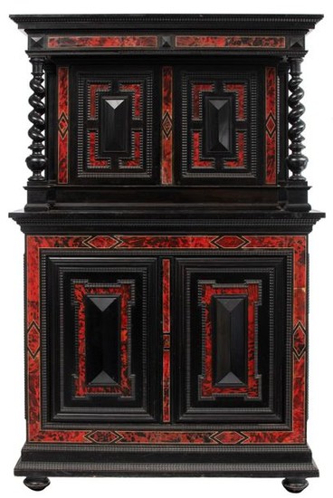 An ebonised Baroque Revival two-part buffet with tortoiseshell...