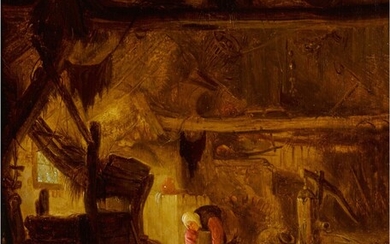 An interior of a barn with a peasant woman, Isack van Ostade