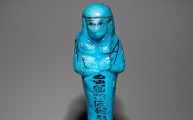 Ancient Egyptian Faience Shabti for the overseer of granaries, Djedkhonsu-iwf-ankh. 10,5 cm H. Intact. Spanish Export License