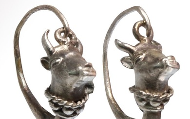 Ancient Greek Silver Bull-Head Earrings