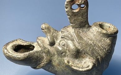 Ancient Roman Bronze Exclusive Oil Lamp shaped as a Grotesque Head.