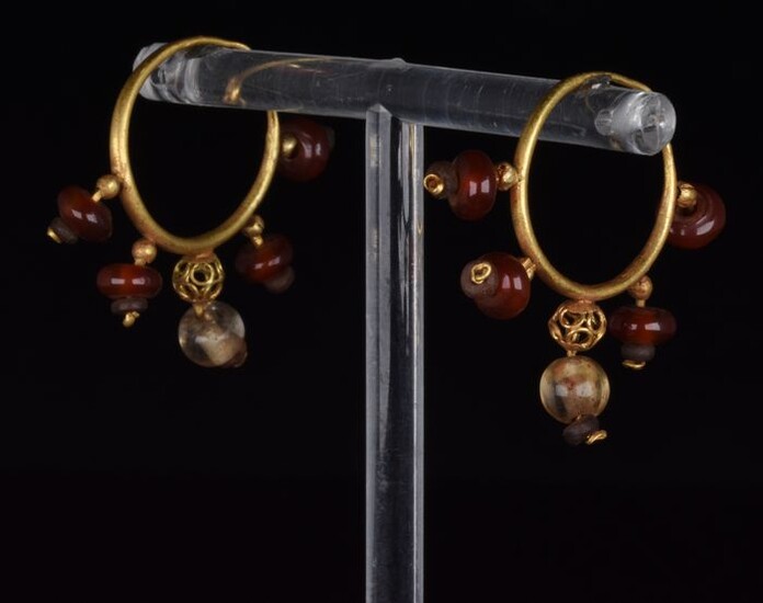 Ancient Roman Gold Earrings with Carnelian and Rock Crystal