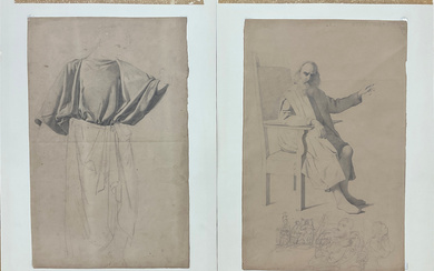 Anonimo del secolo XIX Coppia di disegni raffiguranti "Figura virile seduta" e "Studio di panneggio" al recto e "Ritratto…