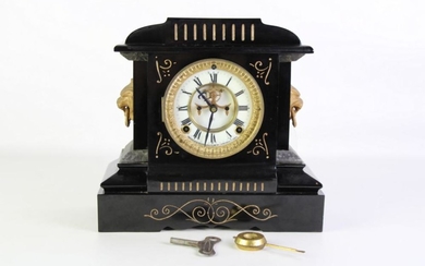 Ansonia Metal Cased Mantle Clock with Lion handles (with key and pendulum), L30cm H28cm