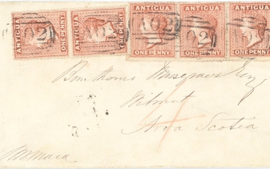 Antigua 1869 (11 Jan.) envelope to Wilmont, Nova Scotia via St. Thomas, showing manuscript "4"...