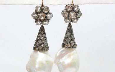 Antique 18k Gold & Silver 13.25ctw Diamond Pearl Drops