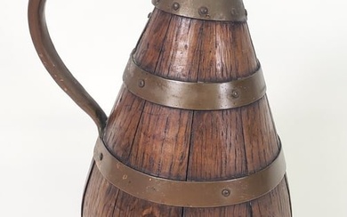 Antique English Oak Copper Bound Cider Pitcher, 19th Century
